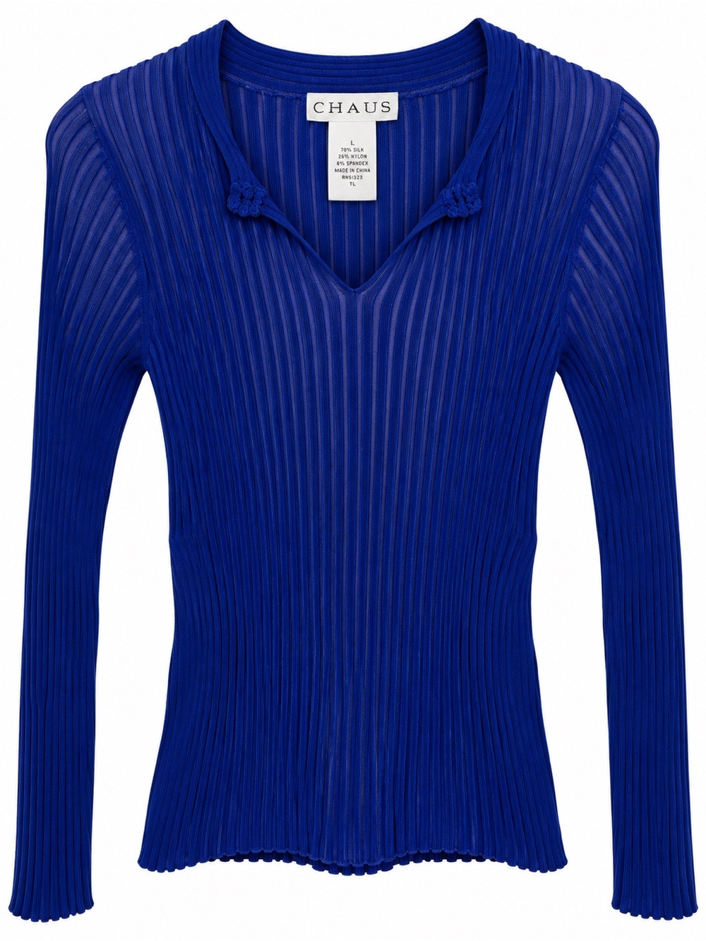 Chaus Large Y2K Style Blue Ribbed Silk Blend Stretch V-Neck Sweater